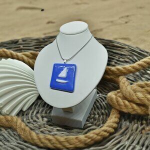 Abstract fused glass sailboat necklace Blue white artisan made nautical pendant